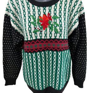 Vintage Huntington Ridge Christmas Sweater With Festive Poinsettia Design & Patt